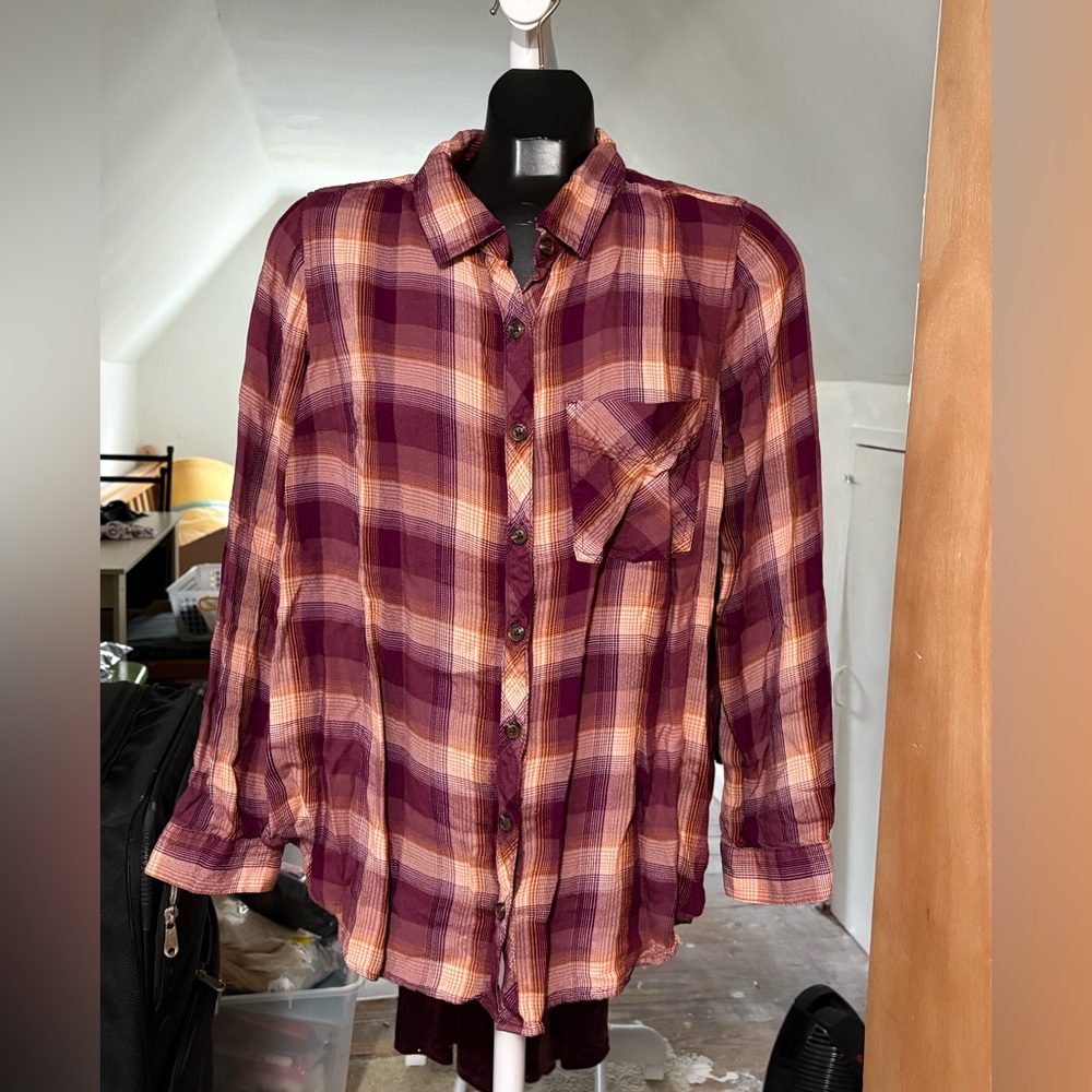 Terra & Sky Plaid Button Down Shirt 0X/14W Plus Size Top